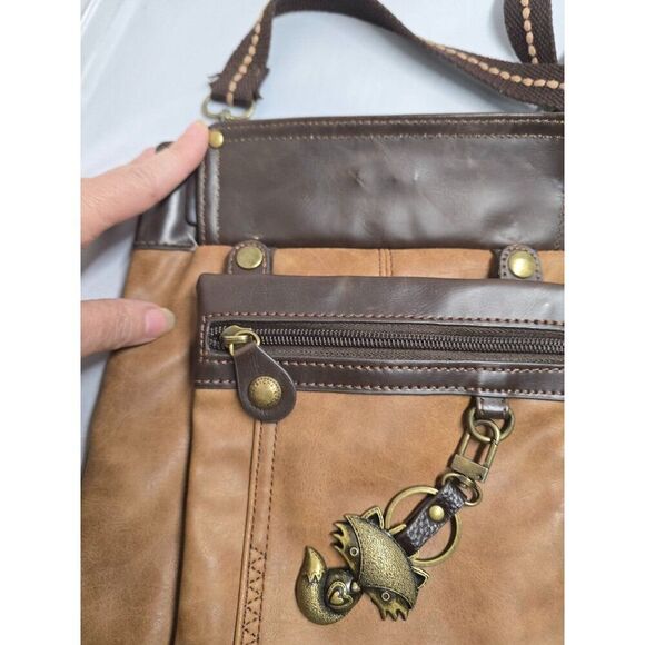 Chala Brown Faux Leather Crossbody Bag With Fox Charm & Zippered Pockets boho - Picture 6 of 12